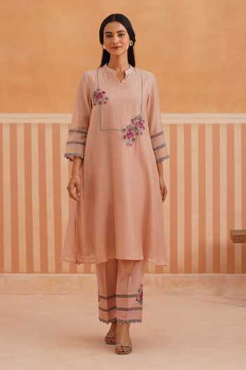 Buy_OMI_Pink Chanderi, Cotton Satin Embroidery Mandarin Collar, Yes Mul Kurta Set 