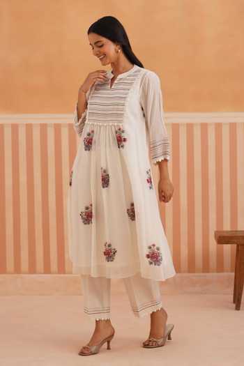 OMI_Pink Chanderi, Cotton Satin Embroidery Mandarin Collar, Yes Thread Kurta Set _Online_at_Aza_Fashions