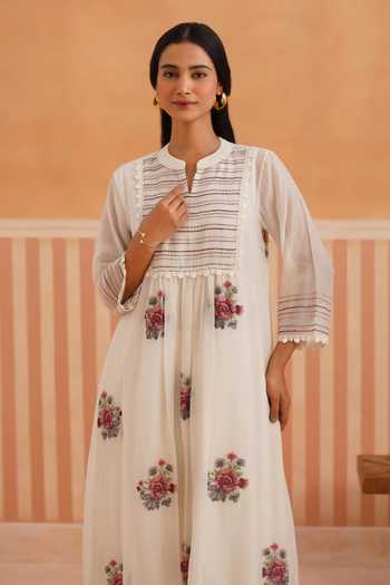 Shop_OMI_Pink Chanderi, Cotton Satin Embroidery Mandarin Collar, Yes Thread Kurta Set _Online_at_Aza_Fashions