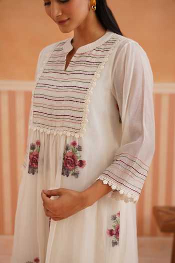 Buy_OMI_Pink Chanderi, Cotton Satin Embroidery Mandarin Collar, Yes Thread Kurta Set 