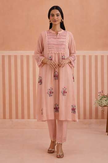 Buy_OMI_Pink Chanderi, Cotton Satin Embroidery Mandarin Collar Mul Kurta And Pant Set _at_Aza_Fashions