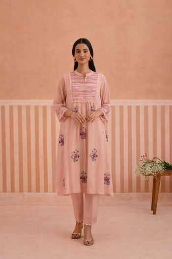 Shop_OMI_Pink Chanderi, Cotton Satin Embroidery Mandarin Collar Mul Kurta And Pant Set _at_Aza_Fashions
