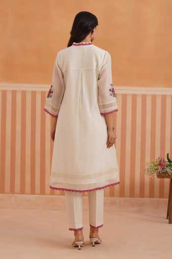 Shop_OMI_Pink Chanderi, Cotton Satin Embroidery V-neck, Yes Mul Kurta And Pant Set _at_Aza_Fashions