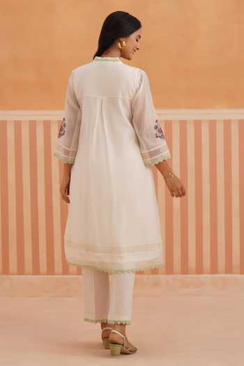 Shop_OMI_Ivory Chanderi, Cotton Satin Embroidery V-neck, Yes Mul Kurta Set _at_Aza_Fashions