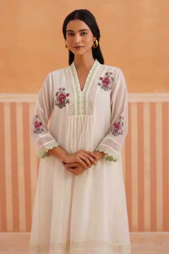 Buy_OMI_Ivory Chanderi, Cotton Satin Embroidery V-neck, Yes Mul Kurta Set _Online_at_Aza_Fashions