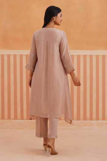 Shop_OMI_Pink Chanderi, Cotton Satin Embroidery Mandarin Collar, Mul Kurta And Pant Set _at_Aza_Fashions