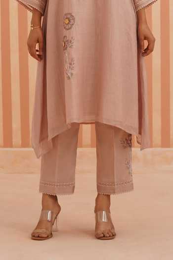 OMI_Pink Chanderi, Cotton Satin Embroidery Mandarin Collar, Mul Kurta And Pant Set _Online_at_Aza_Fashions