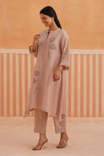 Buy_OMI_Pink Chanderi, Cotton Satin Embroidery Mandarin Collar, Mul Kurta And Pant Set _Online_at_Aza_Fashions