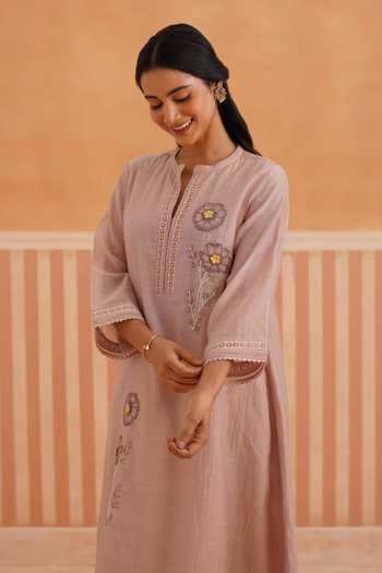 Shop_OMI_Pink Chanderi, Cotton Satin Embroidery Mandarin Collar, Mul Kurta And Pant Set _Online_at_Aza_Fashions
