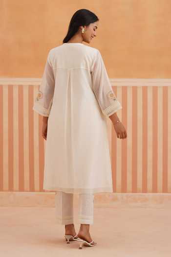 Shop_OMI_Ivory Chanderi, Cotton Satin Thread Embroidery Round Mul Kurta And Pant Set _at_Aza_Fashions