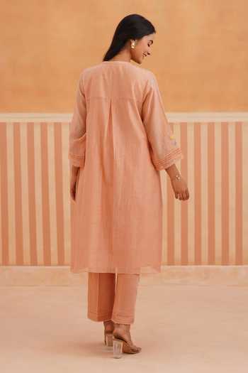 Shop_OMI_Peach Chanderi, Cotton Satin Embroidery Round Neck Mul Kurta And Pant Set _at_Aza_Fashions