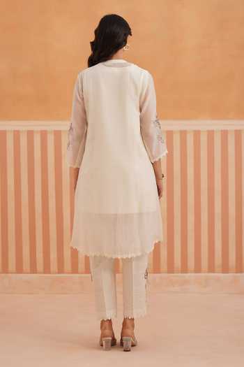 Shop_OMI_Off White Embroidery Mandarin Collar Mul Chanderi Jacket Pant Set _at_Aza_Fashions