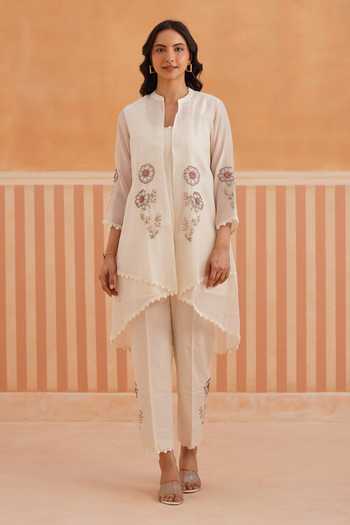Buy_OMI_Off White Embroidery Mandarin Collar Mul Chanderi Jacket Pant Set _at_Aza_Fashions