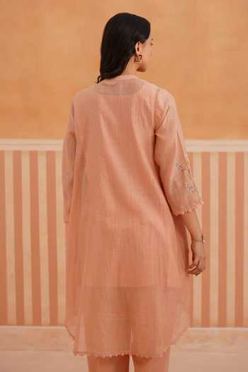 Shop_OMI_Peach Cotton Satin Embroidery Mandarin Collar Mul Chanderi Jacket And Pant Set _at_Aza_Fashions