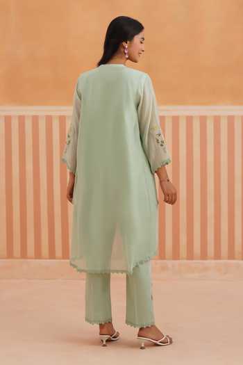 Shop_OMI_Mint Cotton Satin Embroidery Mandarin Collar Mul Chanderi Jacket Set _at_Aza_Fashions
