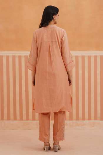 Shop_OMI_Peach Chanderi, Cotton Satin Embroidery Split V-neck, Yes Mul Kurta And Pant Set _at_Aza_Fashions