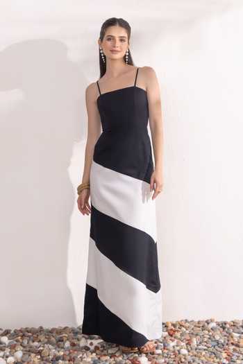 Buy_Zazu_Black Cotton Satin Square Neck Monochrome Maxi Dress _at_Aza_Fashions