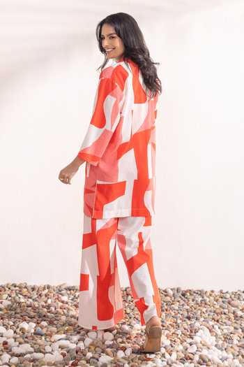 Shop_Zazu_Red Cotton Open , Bandeau Coral Geometric Print Jacket Pant Set _at_Aza_Fashions