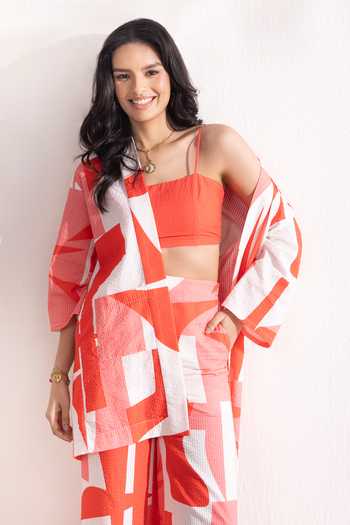Shop_Zazu_Red Cotton Open , Bandeau Coral Geometric Print Jacket Pant Set _Online_at_Aza_Fashions