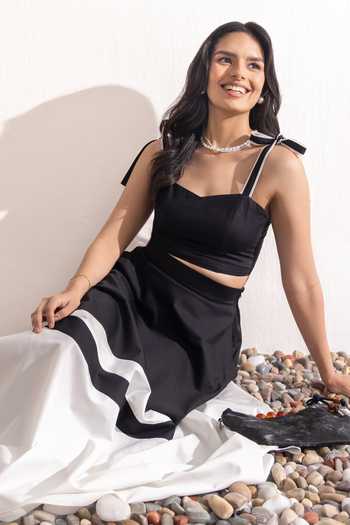 Zazu_Black Cotton Satin Sweetheart Neck Cropped Top And Two Tone Skirt Set _Online_at_Aza_Fashions