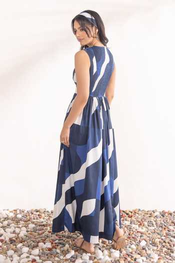 Shop_Zazu_Blue Cotton Satin V-neck Geometric Print Maxi Dress _at_Aza_Fashions
