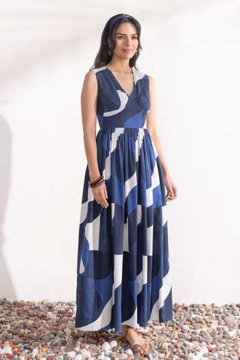 Zazu_Blue Cotton Satin V-neck Geometric Print Maxi Dress _Online_at_Aza_Fashions