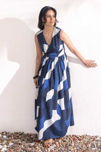 Zazu_Blue Cotton Satin V-neck Geometric Print Maxi Dress _at_Aza_Fashions