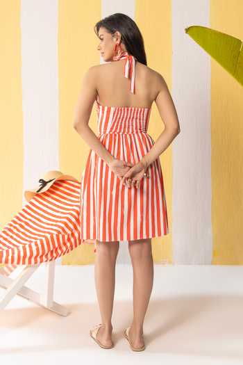 Shop_Zazu_White Cotton Satin Halter Neck Striped Short Dress _at_Aza_Fashions