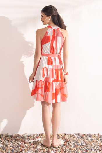 Shop_Zazu_Ivory Cotton Halter Neck Geometric Print Short Dress _at_Aza_Fashions