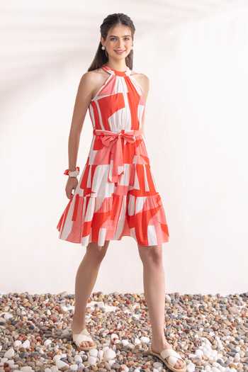Buy_Zazu_Ivory Cotton Halter Neck Geometric Print Short Dress _Online_at_Aza_Fashions
