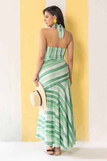 Shop_Zazu_Green Cotton Satin Halter Neck Striped Maxi Dress _at_Aza_Fashions