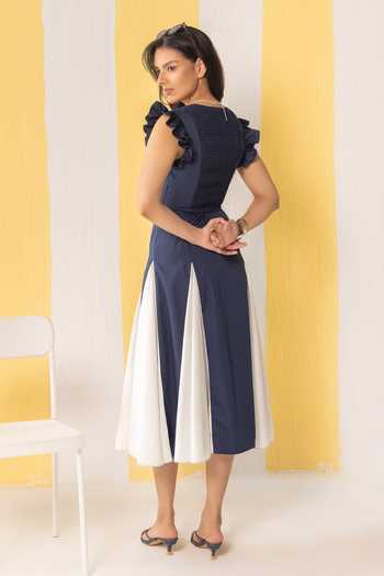 Shop_Zazu_White Cotton Satin V-neck Colorblock Midi Dress _at_Aza_Fashions