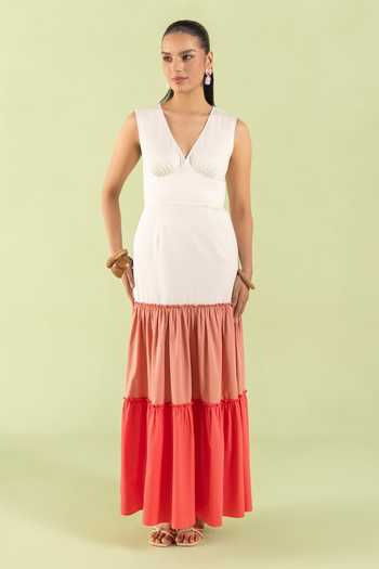 Buy_Zazu_Pink Cotton Satin V-neck Rose Colorblock Dress _at_Aza_Fashions