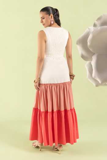 Shop_Zazu_Pink Cotton Satin V-neck Rose Colorblock Dress _at_Aza_Fashions