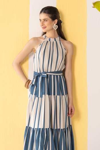 Zazu_Blue Cotton Satin Halter Neck And Beige Striped Maxi Dress With Belt _Online_at_Aza_Fashions