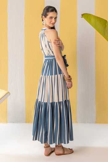 Shop_Zazu_Blue Cotton Satin Halter Neck And Beige Striped Maxi Dress With Belt _at_Aza_Fashions
