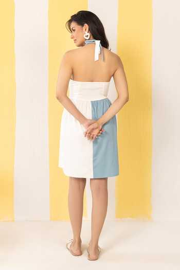 Shop_Zazu_Blue Cotton Satin Halter Neck Color Block Short Dress _at_Aza_Fashions