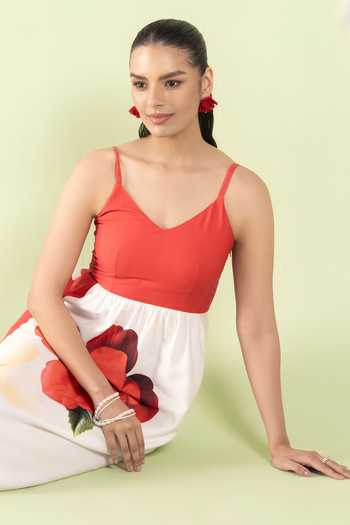Zazu_Red Cotton Satin V-neck Ruby Flora Maxi Dress _Online_at_Aza_Fashions