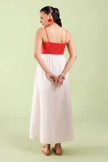 Shop_Zazu_Red Cotton Satin V-neck Ruby Flora Maxi Dress _at_Aza_Fashions