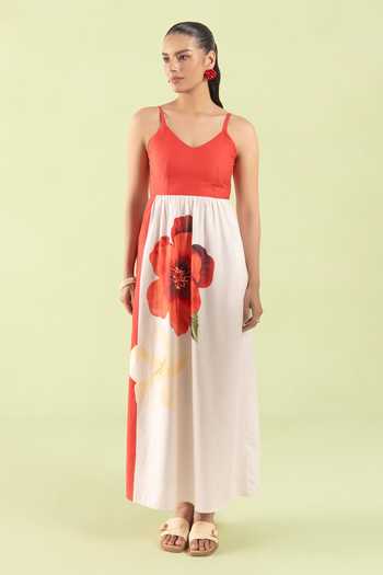 Buy_Zazu_Red Cotton Satin V-neck Ruby Flora Maxi Dress _Online_at_Aza_Fashions