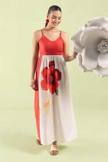 Shop_Zazu_Red Cotton Satin V-neck Ruby Flora Maxi Dress _Online_at_Aza_Fashions