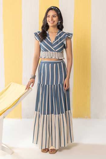Buy_Zazu_Blue Cotton V-neck Striped Top And Skirt Set _at_Aza_Fashions