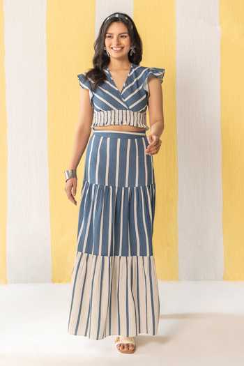 Shop_Zazu_Blue Cotton V-neck Striped Top And Skirt Set _at_Aza_Fashions