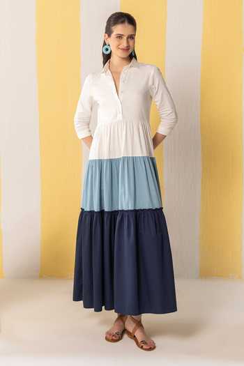 Buy_Zazu_Blue Cotton Satin Collared Tiered Maxi Dress _at_Aza_Fashions