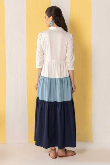 Shop_Zazu_Blue Cotton Satin Collared Tiered Maxi Dress _at_Aza_Fashions
