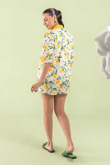 Shop_Zazu_Green Cotton Collared Lemon Grove Print Shirt Shorts Set _at_Aza_Fashions