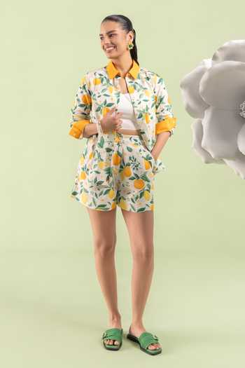 Buy_Zazu_Green Cotton Collared Lemon Grove Print Shirt Shorts Set _at_Aza_Fashions