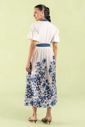 Shop_Zazu_Blue Cotton Satin Split V-neck Floral Midi Dress With Belt _at_Aza_Fashions