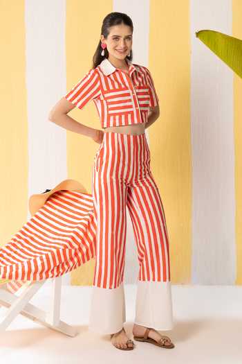 Shop_Zazu_White Cotton Collared Striped Pattern Cropped Shirt And Pant Set _Online_at_Aza_Fashions