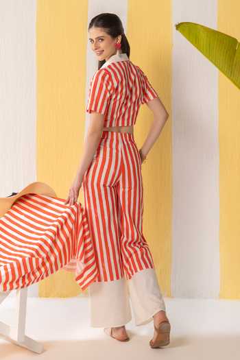 Shop_Zazu_White Cotton Collared Striped Pattern Cropped Shirt And Pant Set _at_Aza_Fashions